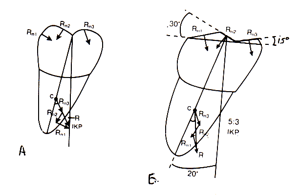 Рис. 3. Определение силы общей реакции (R) при соотношениях 1:1 (А) и 5:3 (Б).